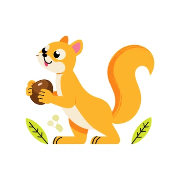 A playful squirrel with a fluffy tail is standing on its hind legs. The squirrel is holding a shiny brown chestnut in its small paws. Its large, bright eyes are focused on the chestnut, and its ears are perked up. The background features a few green leaves and branches, hinting at a vibrant forest setting. The sunlight creates a warm glow, illuminating the squirrel and enhancing its playful demeanor.