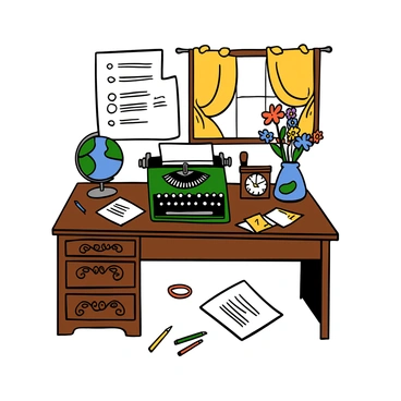 A writer’s desk made of polished wood with intricate carvings. On the desk sits a vintage typewriter with shiny black keys and silver accents. Surrounding the typewriter are mid-century decorative items, including a small globe, a ceramic vase with vibrant flowers, and a retro clock. The surface of the desk is cluttered with sheets of paper and a few colorful pens scattered around. Bright sunlight filters through a nearby window, casting warm light on the entire scene.