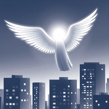 An angel with large, detailed wings is positioned above a cityscape. The wings are wide and emanate a luminous light that contrasts sharply with the surrounding darkness of the city below. The city features tall buildings with various architectural designs, and the windows appear small and dim against the backdrop of the night sky. The scene captures the moment as the angel spreads their wings, casting a radiant glow that softly illuminates parts of the city, creating a stark contrast between light and shadow.
