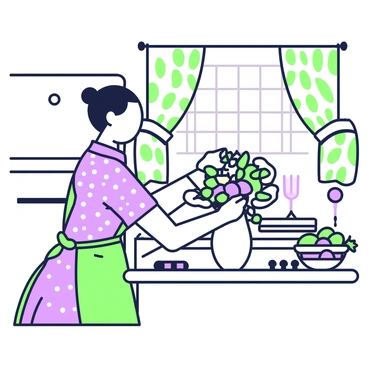 A 1950s housewife with a neat bun hairstyle is standing at a kitchen counter, arranging fresh flowers in a vase. She is wearing a polka dot dress with a cinched waist and an apron tied around her waist. The kitchen features classic appliances, including a vintage fridge and a stove, with patterned curtains hanging in the window. On the counter, next to the vase, there are kitchen utensils and a fruit bowl with various fruits. The flowers in the vase are vibrant and colorful, creating a cheerful atmosphere.