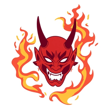 A red hannya mask with intricate details and expressive features is positioned at the center of the image. Surrounding the mask, there are vibrant orange flames swirling in a dynamic dance, creating an intense movement. The flames curl and twist around the mask, adding to the dramatic effect of the composition. The mask has deep-set eyes and sharp horns that contrast with the flowing shapes of the flames. The overall scene captures a sense of energy and power emanating from the mask and its fiery surroundings.