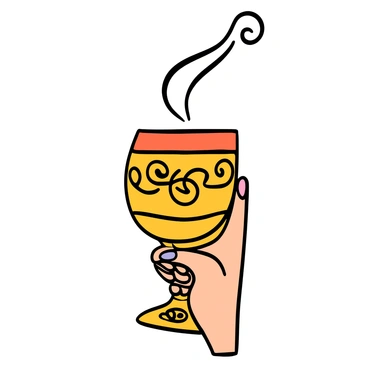 Close-up of a hand with light skin and well-groomed fingernails gently holding a decorative goblet. The goblet is ornately designed with intricate patterns and has a shiny surface. A subtle wisp of smoke is rising from the goblet, curling gracefully in the air. The background is softly blurred to emphasize the hand and goblet in the foreground.