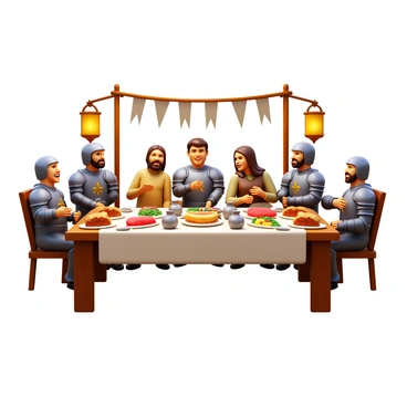 A long wooden table adorned with a white tablecloth, set for a celebratory feast. There are plates filled with roasted meats, fresh bread, and colorful vegetables. Flasks of wine and pitchers of water are placed at intervals along the table. Surrounding the table are several soldiers in armor, conversing and laughing, alongside townsfolk dressed in simple, rustic clothing. Banners and decorations hang above the table, creating a festive atmosphere. A warm glow from lanterns illuminates the scene.