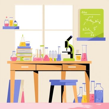 A chambre transformed into a personal science lab. The room features a wooden desk cluttered with various laboratory glassware, including beakers and test tubes filled with colorful liquids. There is a microscope on the desk, surrounded by stacks of notebooks filled with handwritten notes. A chalkboard on the wall displays complex equations and diagrams. On one side of the room, a small shelf holds jars containing different specimens. The window lets in bright light, illuminating the room filled with a sense of curiosity and exploration.