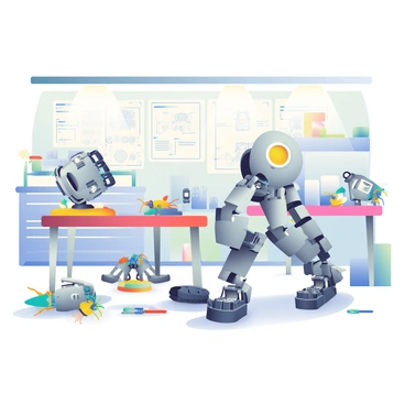 A large workshop filled with various robots in different stages of construction is shown. In the foreground, a partially assembled humanoid robot is leaning against a workbench, with its metallic limbs scattered around. To the left, a robotic arm is mounted on a platform, displaying intricate gears and wiring. On another workbench, small robotic insects made of colorful plastics are carefully pieced together, while tools like screwdrivers and pliers are spread around. The walls of the workshop are lined with blueprints and diagrams outlining robot designs. Overhead, bright fluorescent lights illuminate the scene, casting a clear view of all the construction activities.