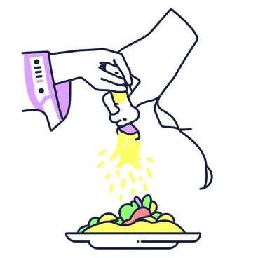A close-up view of a chef zesting a lemon over a dish. The chef's hand is positioned above the dish, holding a zester. Bright yellow lemon zest is flying in the air, creating dynamic movement around the scene. The dish below is a white plate, arranged with colorful ingredients that complement the zest. The chef's arm is visible, wearing a white chef's coat, with a subtle texture indicating the fabric. The background is slightly blurred, focusing attention on the zesting action.
