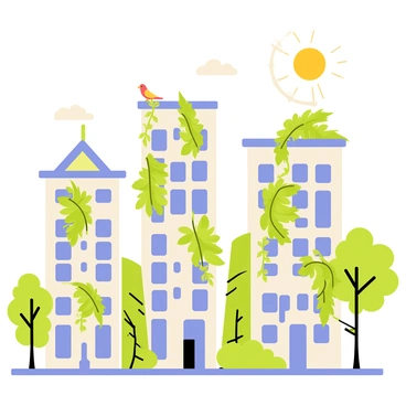 A cityscape featuring tall buildings with greenery integrated into their structures. Trees with lush green leaves are growing from balconies and rooftops. Vines are climbing up the sides of the walls, blending nature with modern architecture. The sun is shining brightly, casting soft shadows from the foliage onto the pavement below. A few birds are perched on the branches, adding life to the scene.