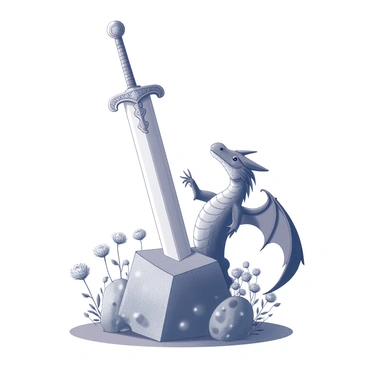 A large, ancient sword is embedded in a rugged stone. The sword features intricate designs on its hilt, indicating its significance. Surrounding the stone, a variety of flowers bloom, their petals unfurling in different shapes and sizes. The dragon stands watch over the sword, its scales glimmering. It has large wings that are partially unfurled, and its eyes are focused intently on the scene. The dragon's tail coils around the base of the stone, adding to its protective stance. The atmosphere conveys a sense of enchantment and mystery.