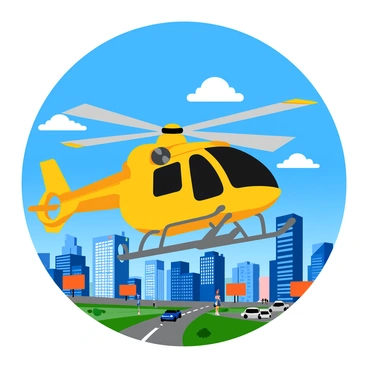 An R66 helicopter hovering in the sky, equipped with a large camera mounted on its side, is capturing live news footage. Below, a vibrant cityscape is visible with tall buildings and colorful billboards. The streets are bustling with cars and pedestrians, showcasing the energy of urban life. The sun casts bright reflections off the glass surfaces of the buildings, enhancing the scene's liveliness. The sky is clear with a few fluffy clouds scattered, providing a beautiful backdrop to the helicopter's activity.