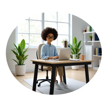 A remote worker with medium skin tone and short curly hair is seated at a modern home office desk. They are wearing a light blue shirt and glasses. The desk is cluttered with a laptop, a notepad, and a coffee mug. The worker is focused on the laptop screen, where the online payroll statement is open. A large window in the background allows natural light to flood the room, illuminating the space filled with houseplants and a bookshelf.