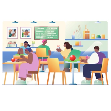 A cricket-themed café is filled with wooden tables and chairs. Each table has a "cricket ball" centerpiece that is bright red and shiny, placed on a small green grass-like mat. The walls are decorated with framed pictures of famous cricket players and action shots from matches. There are cricket bats and wicket stumps displayed on shelves. Soft lighting creates a cozy atmosphere, and patrons are seated at the tables, enjoying drinks and snacks. The café has an inviting vibe with a chalkboard menu listing various beverages and snacks.