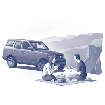 A Range Rover is parked on a scenic overlook, positioned near the edge of a cliff. The vehicle features a sleek exterior and prominent wheel arches. In the foreground, a couple is seated on a picnic blanket, enjoying a meal together. They are surrounded by a basket filled with food items and drinks. The couple is smiling and sharing a moment of joy. The backdrop reveals a panoramic view of rolling hills and valleys stretching into the distance, framed by a clear sky.