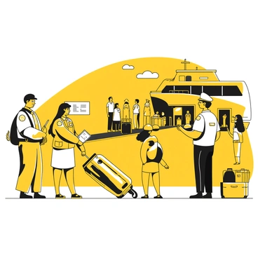 A group of transport officials wearing uniforms is inspecting passenger boarding procedures at a ferry terminal. One official is holding a clipboard and checking the tickets of passengers as they line up on the boarding ramp. Another official is speaking to a family with luggage, explaining the boarding process. In the background, the ferry is docked with its ramp extended, and several people can be seen boarding. The terminal has informational signs regarding safety and boarding times visible on the walls.
