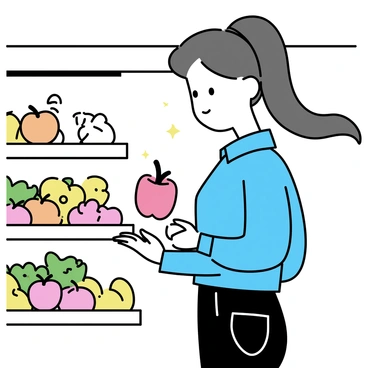 A woman is standing in a grocery store aisle, looking closely at a variety of fresh produce. She has long brown hair tied back in a ponytail and is wearing a light blue shirt and dark jeans. In her right hand, she holds a red bell pepper, examining it carefully. The shelves around her are filled with colorful fruits and vegetables, including oranges, apples, and leafy greens. The store has bright overhead lights illuminating the aisle, creating a vibrant atmosphere.