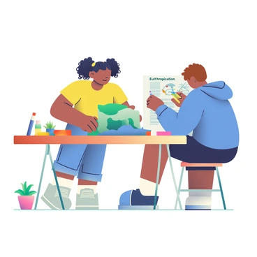 Two children are collaborating on a school project about "eutrophication" at a wooden table. One child, a girl with curly black hair tied in ponytails, is assembling a model made of green construction paper depicting a water body. She is wearing a bright yellow t-shirt and jeans. The other child, a boy with short brown hair, is drawing diagrams on a white poster board with colorful markers. He is dressed in a blue hoodie and black shorts. Scattered around the table are various supplies: glue sticks, colored pencils, and printed articles about "eutrophication." A small potted plant sits in the corner, adding a touch of nature to the work area.