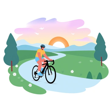 A cyclist is riding along a winding countryside path that is lined with green grass and wildflowers. The cyclist is wearing a bright cycling outfit and a helmet. The sky is filled with vibrant shades of orange, pink, and purple as the sun sets on the horizon. Silhouettes of distant hills are visible against the colorful sky. On either side of the path, there are trees casting long shadows, and a few birds can be seen flying in the sky.