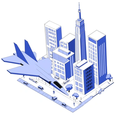 An F5 jet is flying low over a bustling cityscape. The jet's sleek body is positioned in a dynamic angle, showcasing its wings and tail fins prominently. Below, a city filled with towering skyscrapers can be seen, each building featuring multiple windows reflecting the sunlight. The streets below are busy with vehicles and pedestrians moving about. There are traffic lights visible and some trees lining the sidewalks. In the background, a clear sky enhances the scene, contrasting with the height of the buildings.