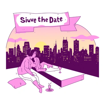 A couple is sitting on a white rooftop, their legs dangling over the edge. They are looking out at a vibrant city skyline, which is filled with tall buildings and glowing lights. Above them, a large banner in the shape of a ribbon that reads "Save the Date" is floating gently in the sky. The couple is enjoying a moment together, surrounded by a few scattered pillows and a small table with two drinks. The sunset casts a warm glow, further enhancing the romantic atmosphere of the scene.