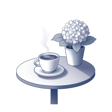 A quaint cafe corner with a small table, a cup of coffee, and a pot of blooming hydrangeas