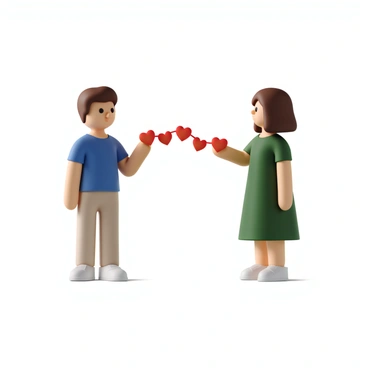 Two people standing opposite each other, with one person on the left having short curly hair and wearing a blue shirt, and the other person on the right with long straight hair and wearing a green dress. A string of small, red hearts connects them, stretching from one person’s outstretched hand to the other. The hearts appear to gently sway as if caught in a light breeze. The background is softly blurred, focusing attention on the two individuals and the hearts that symbolize empathy and understanding between them.