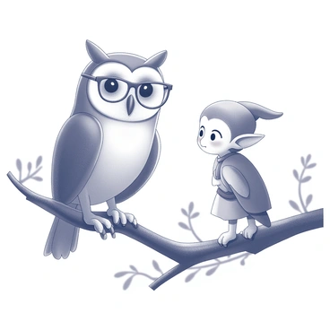 An owl wearing tiny spectacles perched on a branch, speaking to a curious elf