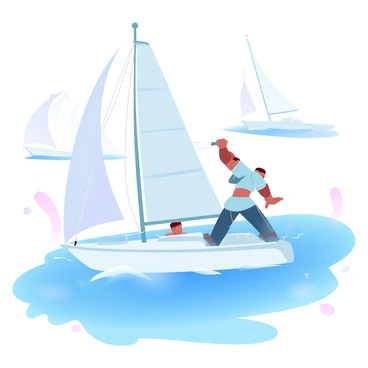 A sailor is adjusting taut rigging lines on a sleek sailboat during a race. The sailboat is cutting through the water with its sails billowing in the wind. The rigging lines are firmly secured, and the sailor is focused on his task, with the wind ruffling his clothing. In the background, other sailboats can be seen racing, their sails catching the light. The water is a vibrant blue, reflecting the clear sky above.