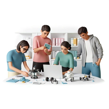 A group of four young engineers, two women and two men, are gathered around a large table covered with various robot parts and tools. One woman, wearing a blue shirt and glasses, is carefully assembling a small robotic arm with a screwdriver. The other woman, dressed in a green shirt and black pants, is programming a laptop connected to a robot with blinking lights. One man, wearing a red shirt and jeans, is holding up a circuit board while discussing it with the other man, who is wearing a grey hoodie and looks focused on the task. In the background, shelves are filled with books and technical equipment related to robotics.
