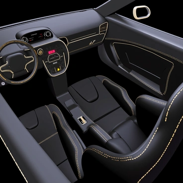A luxury sports car interior featuring plush, premium black leather seats with intricate stitching. The dashboard is sleek with a modern design, showcasing personalized engravings on the console and door panels. The steering wheel is wrapped in fine leather, adorned with metallic accents, and the gear shift is elegantly styled. Ambient lighting highlights the contours of the seats and interior, creating a sophisticated atmosphere.