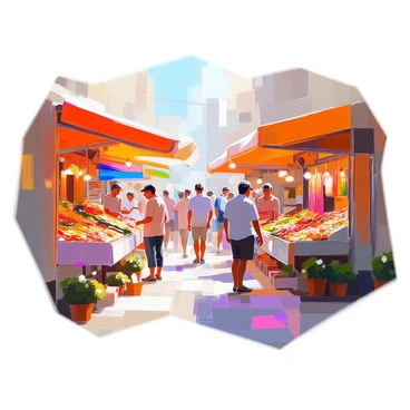 An outdoor market scene featuring rows of solid colored stalls in various hues such as red, blue, and yellow. Each stall is manned by vendors who are showcasing a variety of goods, including fresh fruits and vegetables, handmade crafts, and colorful textiles. The stalls are bustling with customers browsing and chatting. Sunlight casts soft shadows, and there are small potted plants and decorative items placed around the stalls to enhance the atmosphere. People are engaged in lively discussions, and some are carefully inspecting the products on display.