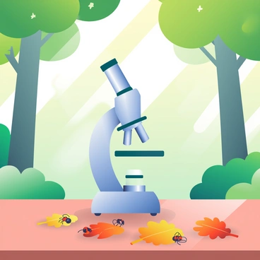 A microscope is placed on a wooden table in a sun-dappled forest. The microscope has a shiny silver body and glass lenses, reflecting the greenery around it. Underneath the microscope, there are several fallen leaves with vibrant colors, including orange, yellow, and deep red, scattered across the table. Tiny creatures, such as ants and ladybugs, can be seen crawling on the leaves, their details magnified through the lens. In the background, tall trees with lush green leaves tower above, and small beams of sunlight filter through the branches, creating a playful interplay of light and shadow.