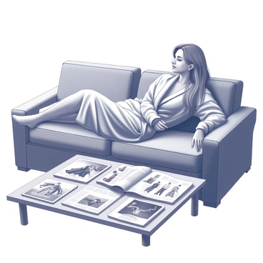 Anjelica is reclining on a plush sofa, dressed in cozy loungewear that drapes comfortably around her. She is surrounded by an assortment of fashion magazines spread out on the coffee table in front of her, showcasing vibrant covers and glossy pages. Scattered nearby are several design sketches, each featuring intricate clothing designs and patterns, adding an artistic touch to the scene. Soft lighting filters into the room, enhancing the relaxed atmosphere of her space.