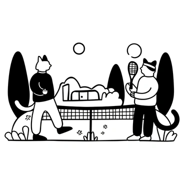 Two cats dressed in tennis outfits, complete with headbands and wristbands, are engaged in a doubles match on a grassy surface in a garden. One cat is poised to serve, holding a tennis racket with one paw. The other cat stands ready at the net, preparing for a return. A tennis ball is in mid-air, flying towards the net. Surrounding them are vibrant flowers and tall trees, with a clear sky above, indicating a sunny day. A tennis scoreboard is visible in the background, displaying the score.