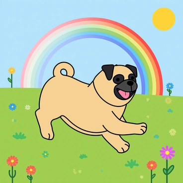 A cheerful pug with a tan coat and a curly tail is energetically playing in a vibrant green field. The pug has a wide, happy expression, with its tongue out as it bounds through the grass. Surrounding the pug are colorful wildflowers in various hues, some bending slightly in the breeze. In the background, a bright rainbow arcs across the sky, with each color vividly distinct against the blue backdrop. The sun shines warmly, creating a joyful atmosphere in this playful scene.