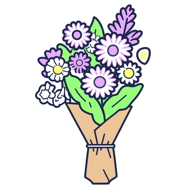 A bouquet of mixed flowers is displayed prominently. The bouquet features a dominant presence of "cornflowers" along with various other flowers in different shapes and sizes. The flowers are arranged together harmoniously, with some taller blooms peeking out from the cluster. The stems are wrapped neatly in "brown paper" at the base, with the paper slightly crumpled for a natural look. A few green leaves are visible among the flowers, adding texture and depth to the arrangement. The bouquet stands upright in a simple vase, enhancing its visual appeal.