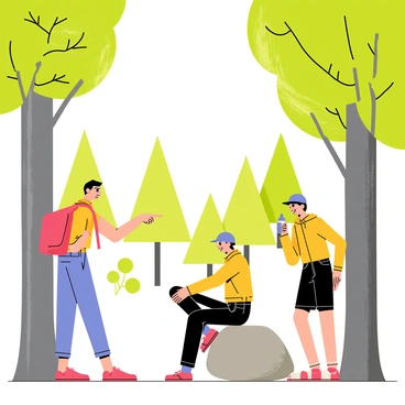 A group of three hikers standing at the beginning of a forest trail. One hiker, wearing a bright red backpack, is pointing toward the lush green trees ahead. The second hiker is tying their shoelaces while sitting on a large gray rock. The third hiker is taking a sip from a water bottle, wearing a blue cap and a yellow jacket. The trail is surrounded by tall trees with thick trunks and rich green foliage above. Sunlight filters through the leaves, casting dappled shadows on the ground. 