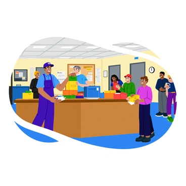 Inside a bustling post office, a mailman with a blue uniform is organizing colorful packages on a wooden counter. The mailman has a friendly smile and is speaking with a customer who is holding a small parcel. The post office is filled with various postal items, including envelopes and boxes of different shapes and sizes. There are several customers waiting in line, and a wall clock shows the time. Bright lights illuminate the space, and a bulletin board with flyers and notices is visible in the background.