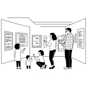 A group of visitors stands in an interactive museum exhibit dedicated to famous historical questions. There are three adults and two children. One of the adults, a man wearing a checkered shirt and glasses, is reading a display board that features large, bold text. A woman with curly hair, wearing a bright sweater, is kneeling beside a child who is examining an interactive touchscreen displaying historical inquiries. Another child, who is standing nearby, is pointing excitedly at a large timeline displayed on the wall. The exhibit features various multimedia elements such as panels, screens, and objects that invite engagement, all set within a spacious museum hall with high ceilings.