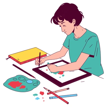 An illustrator with short brown hair is focused on creating digital art on a sleek black tablet. The tablet's screen displays a vibrant illustration in progress. Surrounding the illustrator are various objects that serve as colorful inspirations, including a bright yellow sketchbook, a teal paint palette with splashes of paint, and several vivid red and blue markers scattered across the desk. The workspace is well-lit, emphasizing the details of the art and the surrounding materials, creating an engaging atmosphere for creativity.