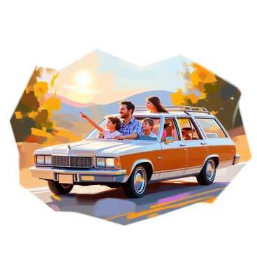 A family of four is traveling on a road trip in a classic station wagon. The vehicle is a vintage design with a shiny exterior and wood paneling along the sides, parked on a scenic road. The father, with short dark hair and wearing a plaid shirt, is driving, while the mother, with long brown hair in a loose bun, is sitting in the passenger seat, smiling. In the back seat, two children, a boy with curly hair and a girl with pigtails, are excitedly looking out the window, pointing at the landscape. Lush trees and rolling hills can be seen in the background, creating a sense of adventure and exploration. The sun is shining brightly, casting warm light on the scene, enhancing the feeling of a joyful journey.