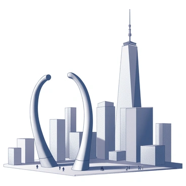 A cityscape featuring a variety of skyscrapers. In the foreground, a giant wishbone structure towers prominently above the buildings. The wishbone is designed with intricate details, showcasing its curved shape and symmetrical features. Surrounding the skyscrapers, the atmosphere is bustling with activity, as tiny silhouettes of people can be seen walking along the streets below. The buildings are characterized by geometric shapes and reflective surfaces, adding depth to the urban scene.