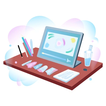 An illustration featuring a tablet sitting on a wooden desk. The tablet displays a screen with a video playing, showcasing step-by-step drawing techniques. Various colorful strokes and lines are visible on the screen, depicting a drawing in progress. Beside the tablet are several art supplies, including colored pencils and sketching paper. The background features a softly lit workspace with gentle gradient pastel colors.