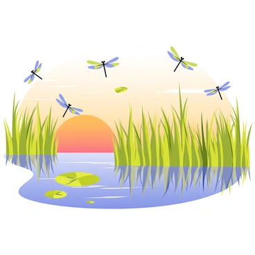 A swarm of dragonflies with iridescent blue and green wings darting over a wetland. The scene captures a series of tall grasses with reflections shimmering in the water below. The sky is filled with warm hues of orange and pink as the sun sets, casting a gentle light over the landscape. Several lily pads are visible on the surface of the water, adding elements of nature to the composition. The dragonflies are depicted in dynamic poses, showcasing their rapid movements above the tranquil wetland.