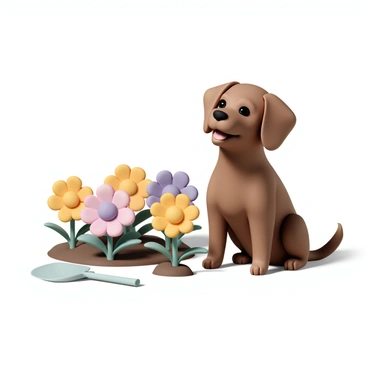 A medium-sized brown dog, with floppy ears and a wagging tail, is sitting proudly next to a patch of freshly planted flowers. The flowers are vibrant and colorful, featuring shades of pink, yellow, and purple. The dog is looking up with a happy expression, as if it is pleased with its contribution to the gardening activity. There is a small gardening spade resting in the soil near the flowers, indicating recent planting activity. The sun is shining brightly, casting soft shadows on the ground.