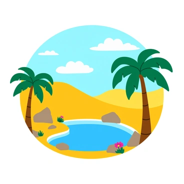 A tranquil desert oasis featuring several tall green palm trees with fluttering leaves. The oasis includes a bright blue water pool reflecting the sunlight, surrounded by soft golden sandy soil. A few rocks are scattered around the pool, and small, vibrant flowers bloom near the water's edge. The sky above is clear with a few fluffy white clouds drifting by. The overall scene conveys a peaceful atmosphere.
