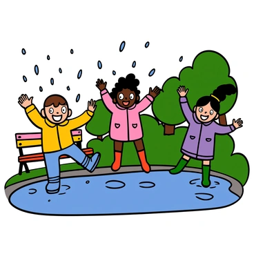 Children joyfully splashing in puddles after a rainstorm in a city park
