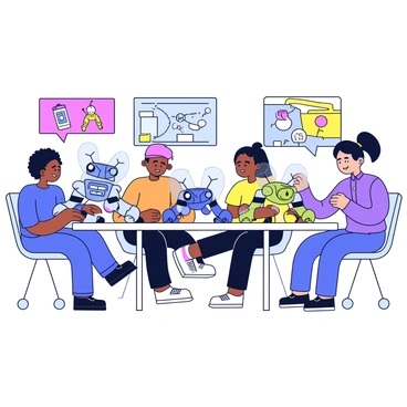 A group of students is gathered around a competition table at a robotics contest. Each student is focused on their own robot, showcasing different designs and features. One robot has a sleek body with LED lights and articulated arms. Another robot is shaped like an insect, with movable legs and wings. The students are engaged, discussing strategies and giving each other advice. Colorful banners and posters with technology themes are displayed in the background.