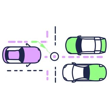 A simple diagram illustrating the positions of two cars at an intersection. One car is shown on the left side, approaching from the west, with its front facing east. The second car is depicted at the bottom, coming from the south with its front facing north. An intersection is marked in the center with lines indicating the lanes. Arrows show the direction of travel for each car, and a collision point is highlighted at the center of the intersection.