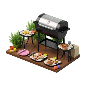 A backyard barbeque setup featuring a large black grill with a shiny metal lid, positioned on a wooden deck. Beside the grill, there are various utensils including a pair of tongs, a spatula, and a grill brush, all neatly arranged on a small table. The table also holds an assortment of delicious food ready to be cooked, including marinated chicken breasts, juicy hamburger patties, and colorful vegetable skewers. In the background, there are green bushes and a few flowers, adding a touch of color to the scene. Brightly colored plates and cups are placed nearby, ready for serving.