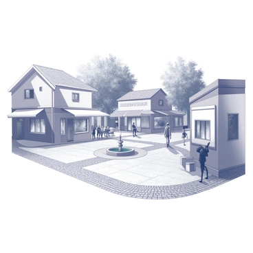 A village square featuring cobblestone paths that wind through the area. On either side of the paths, there are several quaint shops. Each shop has distinct architectural details, including large windows and charming doorways. The awnings are present above the shop entrances, creating a cozy atmosphere. People can be seen strolling through the square, engaging in conversation or browsing the shops. Trees are positioned around the square, providing partial shade, and a central fountain adds a focal point to the scene.