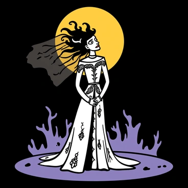 A woman resembling "The Bride of Frankenstein" with pale skin and wild black and white hair stands under a bright full moon. She wears an elaborate gothic-style wedding dress featuring intricate lace details and tattered edges. The dress flows elegantly to the ground, and she has a dramatic veil cascading from her head. Her expression is determined, and she gazes towards the moon. The surrounding area is dimly lit, with hints of dark trees and shadows enhancing the mysterious atmosphere.